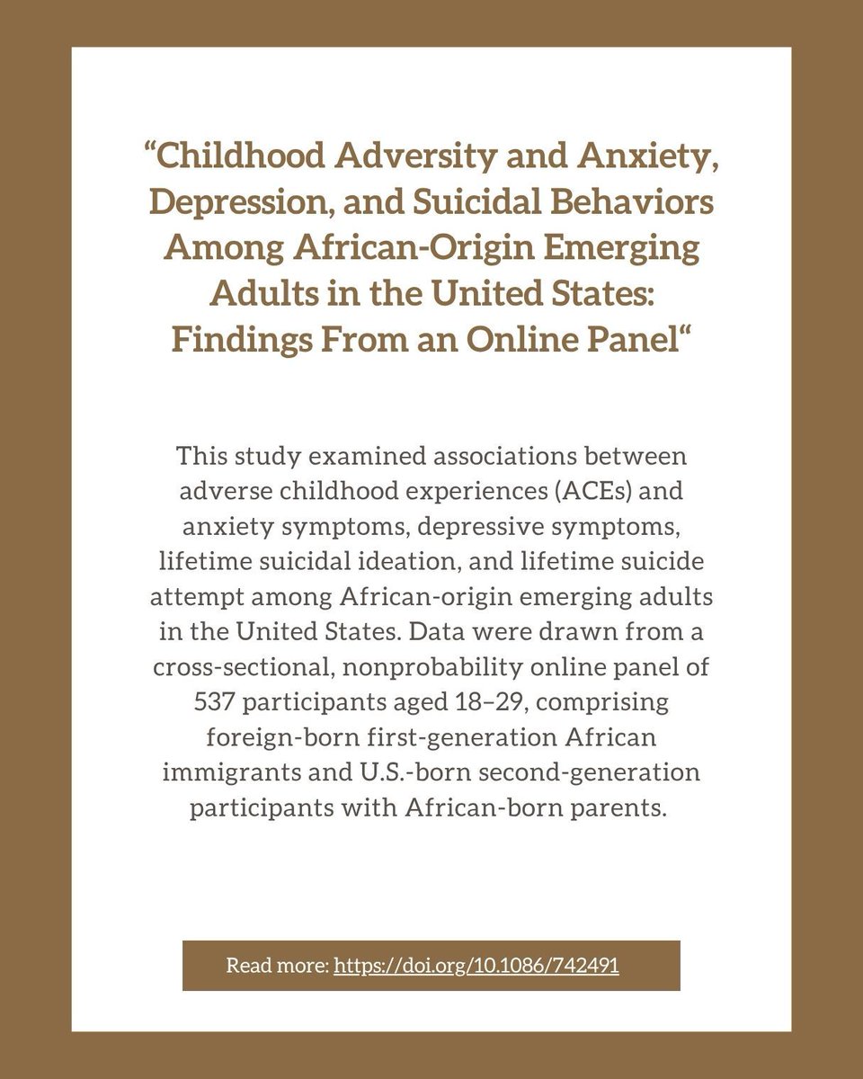 RBVIP_lab's tweet photo. Check out our new publication, "Childhood Adversity and Anxiety, Depression, and Suicidal Behaviors Among African-Origin Emerging Adults in the United States: Findings From an Online Panel": 

To read the full publication, click here: https://t.co/KlMIlCzChq https://t.co/aIEK8Ppeoq
