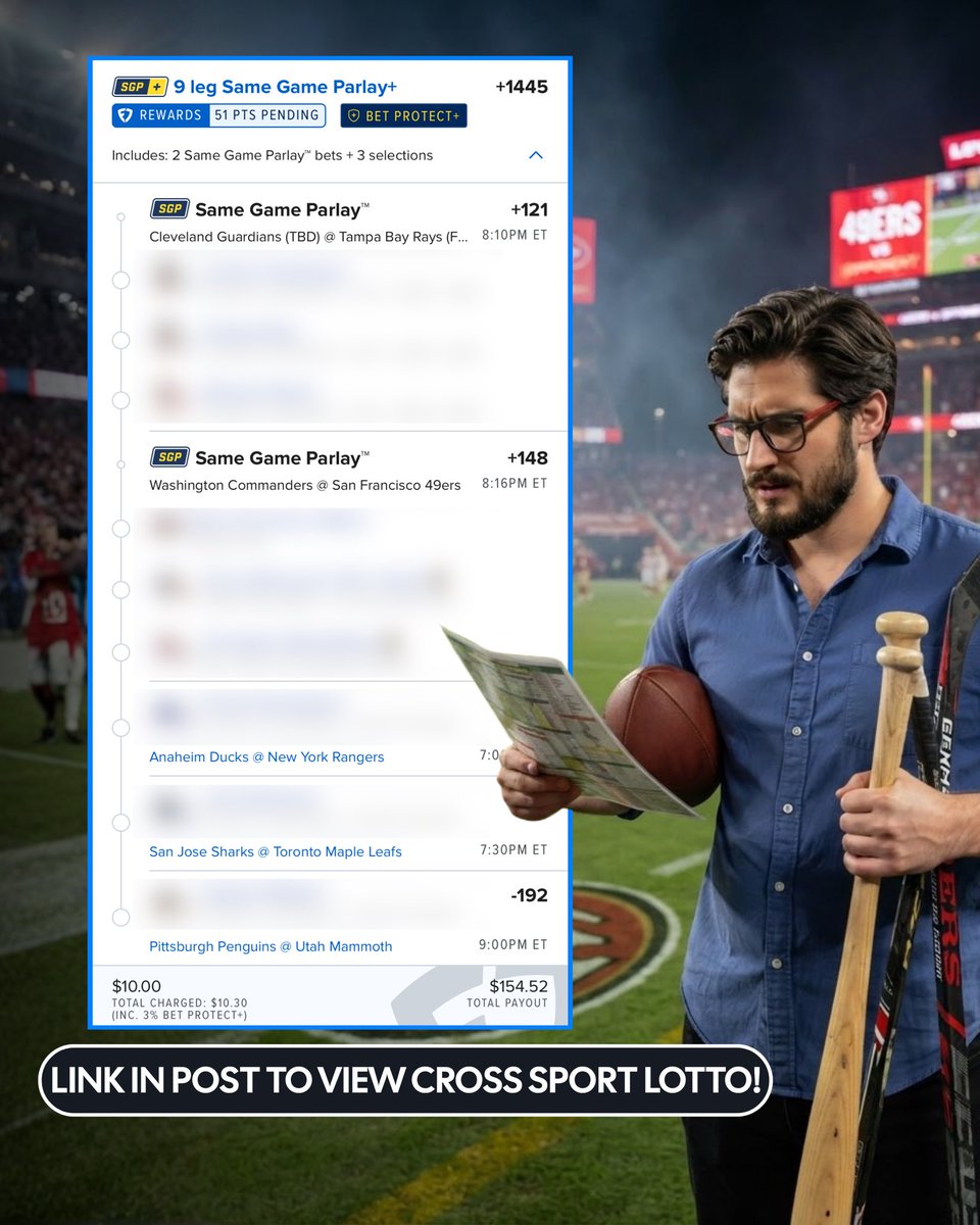 DanGambleAI's tweet photo. ⚾️🏈🏒 +1445 Cross-Sport Lotto

MLB, NFL, NHL. I want it all tonight! 😈

🔗 View here: https://t.co/EepV7OiLBs

I’ve stacked @GameScript with content for MNF, including a Player Ladder 🪜👀 https://t.co/VUIIrNQnMj