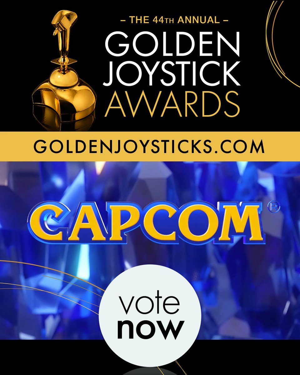 CapcomBrasil's tweet photo. Faltam poucos dias para votar nos Golden Joystick Awards! 🏆 

Até 23 de outubro você pode apoiar os nossos jogos indicados e a Capcom como “Studio of the Year”. 💙💛

Esperamos você por lá! https://t.co/O5UWGp7L6h https://t.co/BfWArFkorj