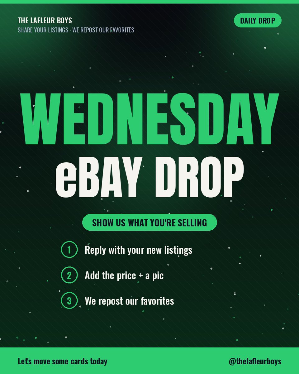 thelafleurboys's tweet photo. 🛒 WEDNESDAY eBAY DROP

Share your new listings, prices and pics below 👇

Let's move some cards today!

Midweek flips welcome. Baseball, basketball or football, drop them all.

Follow @thelafleurboys for reposts and the daily drop 🔔

#ebayfinds #TheHobby #SportsCards @eBay https://t.co/4iOWkw4oHh