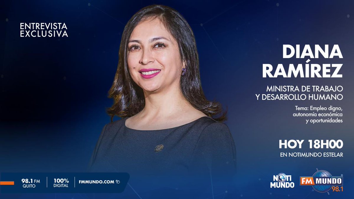 notimundoec's tweet photo. 🌎#NotiMundoEstelar | @DianaRamirezec ministra de Trabajo y Desarrollo Humano, dialogará con @fparedes_ sobre empleo digno, autonomía económica y oportunidades laborales.

📻 98.1 en Quito

🌐https://t.co/mP5tcGqWrM

#FmMundo, 100% digital 📲 https://t.co/DrwMx3YRtG