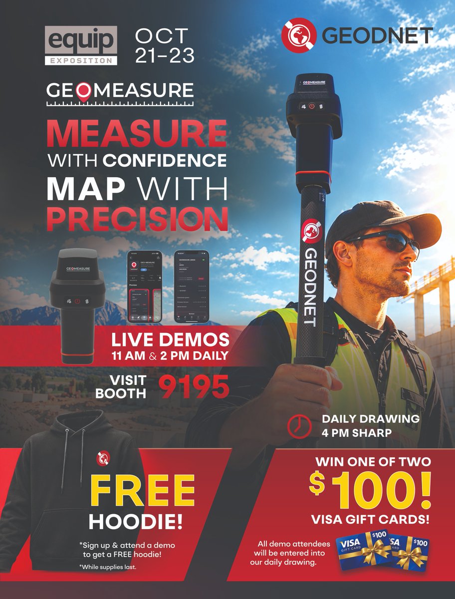 GEODNET's tweet photo. We're live at Booth #9195 in Louisville!
 
Come find us. First demo at 11 AM.
Free hoodie 👕 + $100 gift card drawing at 4 PM 💸  

If you're here, let's meet. 📍

Louisville KY | Oct 21-23 | @equipexposition https://t.co/ISjHVbOcnN