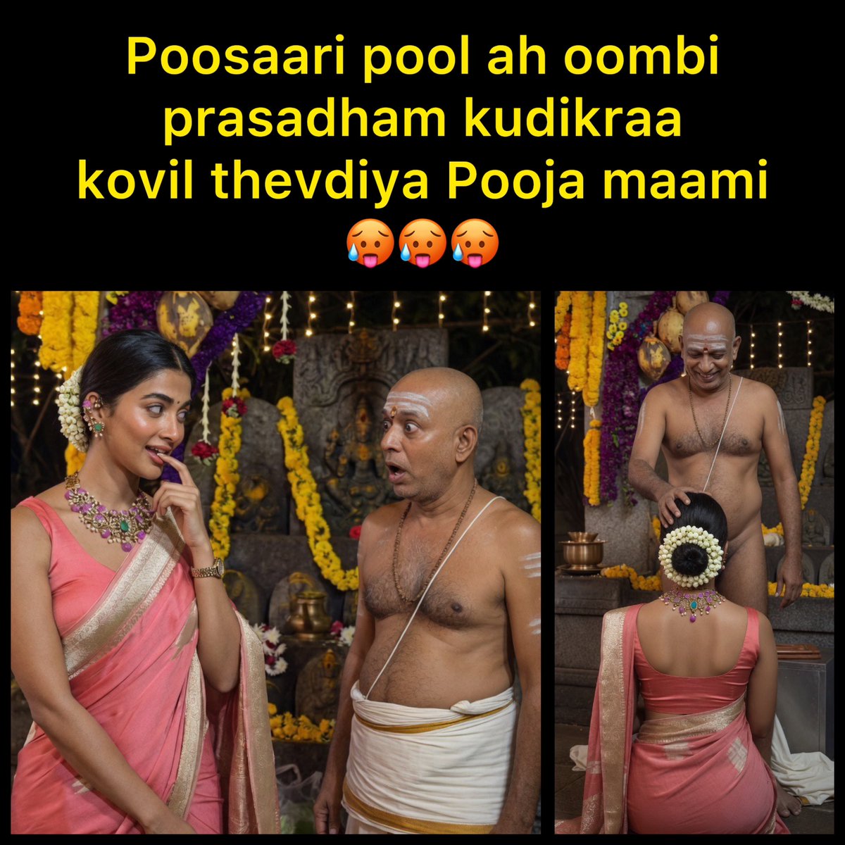 IML6969's tweet photo. Ahhh Pooja munda 🥵 Saree mallipoo jewels ellaam potu high class item maari ipdi kovil kulla poi poosaari pool oomburaa aripedutha thevdiya munda 🫣🥵 https://t.co/m6PEc1H1cz