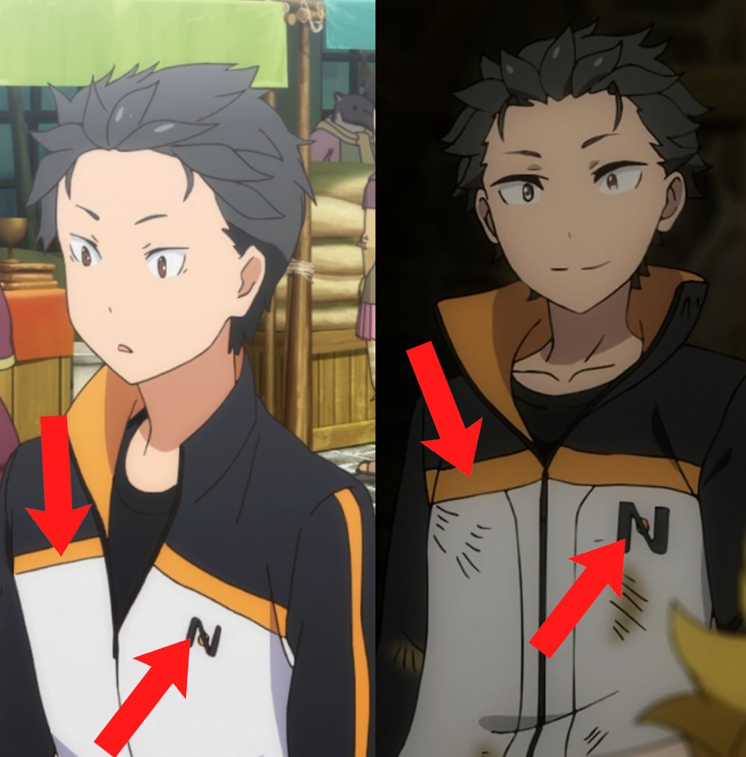 Screen_Takes's tweet photo. Do you think the tracksuit Subaru wears in Arc 1 could be the same as the one he wears in Arc 5? I noticed some startling similarities. They’re nearly identical, with the same color scheme, same seam patterns, and both have the same N logo printed on. Anyone else notice this? https://t.co/CcroPodgb2