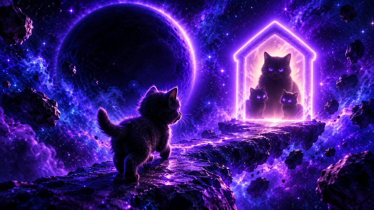VoidCatCoin1's tweet photo. One night, a tiny kitten found a glowing door floating in the Void. 🐱🌌
She was scared, but her purple eyes lit the way.
Inside, a whole family was waiting.

You never walk alone in the Void. 💜
#VoidCatCoin https://t.co/XxnwxD3XEg