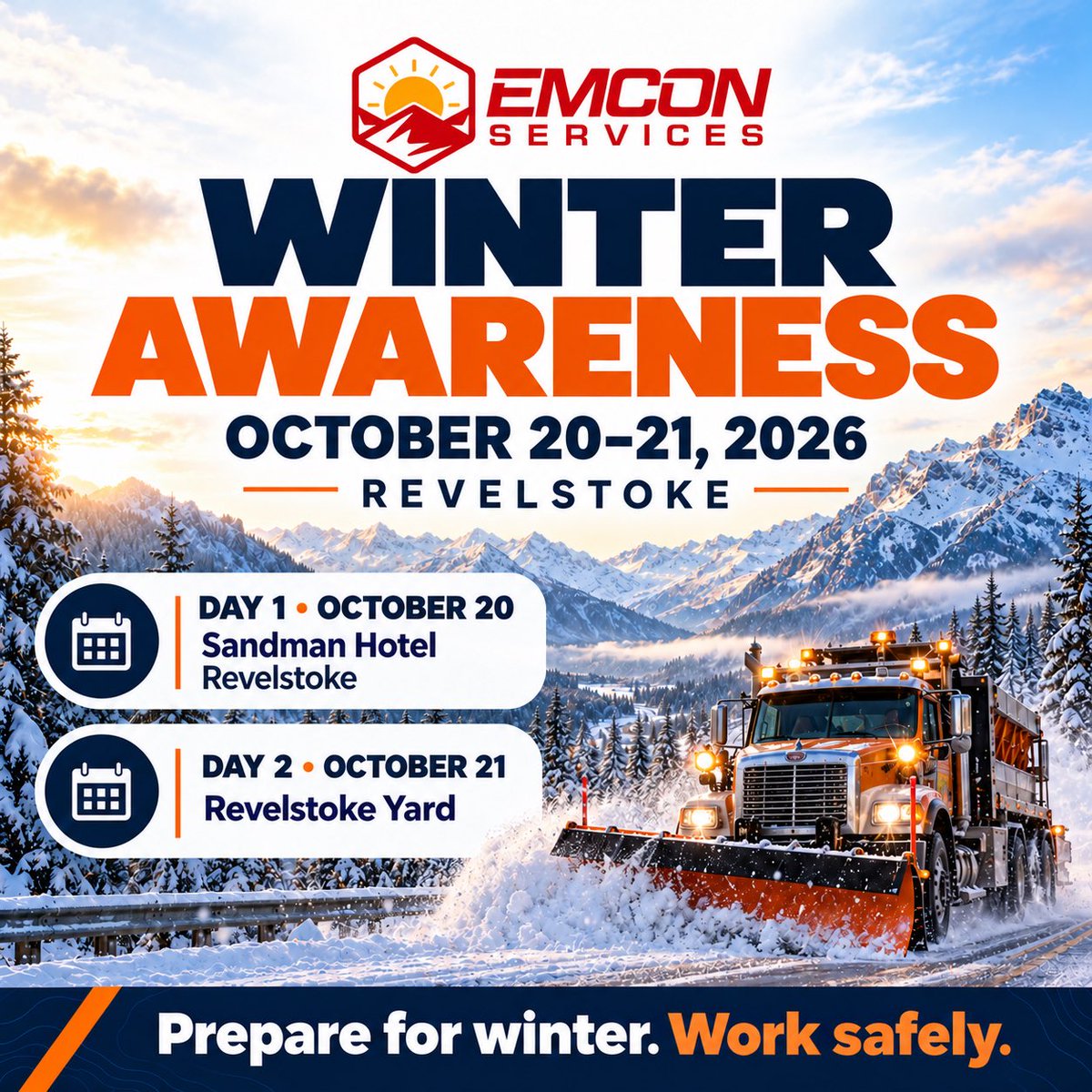 EmconSelkirk's tweet photo. Emcon Winter Awareness | October 20–21, 2026
📍 Day 1: Sandman Hotel, Revelstoke
📍 Day 2: Revelstoke Yard
Stay prepared. Work safely. Keep our roads safe.
#EmconServices #WinterAwareness #WinterSafety https://t.co/E59jbeQJMS