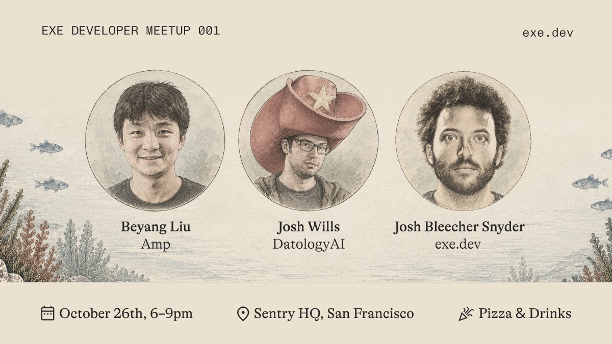 jana_iris's tweet photo. This coming Monday, we're bringing together three incredibly talented engineers and founders to dig into a question and theme for the night: Are we running too many agents?

Josh Bleecher Snyder (@exedev)
@josh_wills (@datologyai)
@beyang (@ampcode)

We're already at 240 RSVPs! That's so fantastic. :-) This meetup is focused on a technical audience, so come learn and make some new friends. There will be an open Q&A at the end to ask questions and share thoughts. https://t.co/5eihWunOdo