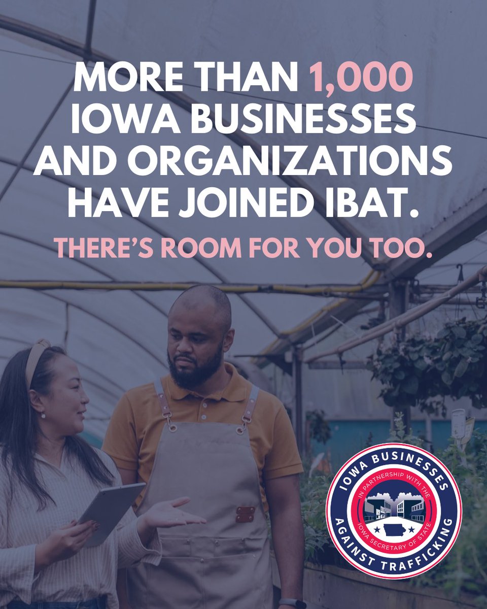 IowaSOS's tweet photo. More than 1,000 Iowa businesses and organizations have joined Iowa Businesses Against Trafficking (IBAT), helping bring human trafficking awareness to workplaces and communities across our state. Join us at https://t.co/nVITcASzqT https://t.co/zt7bzXrHuf https://t.co/wYhNSaYF2U