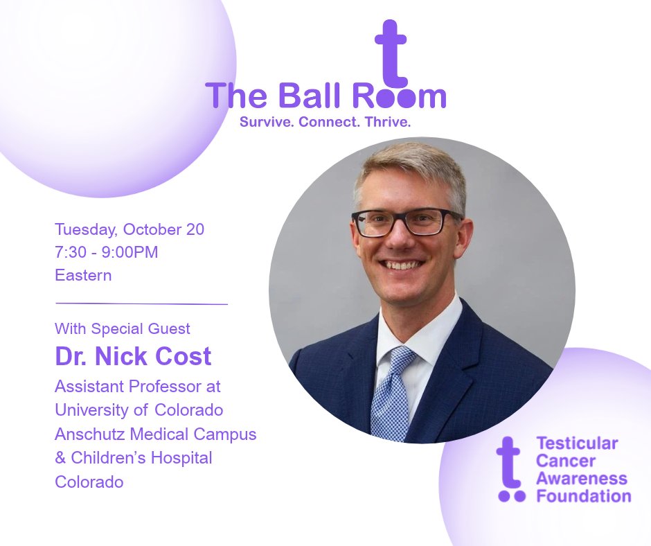 TestesCancer's tweet photo. 💜 The Ball Room is tomorrow!

Join fellow testicular cancer patients and survivors for an evening of connection, with special guest Dr. @cost_nicholas of TCAF's Medical Advisory Team.

📅 Oct. 20 | 7:30–9 PM ET
💻 Virtual | Registration required

Register here: https://t.co/doyyx1MsCV

#testicularcancer