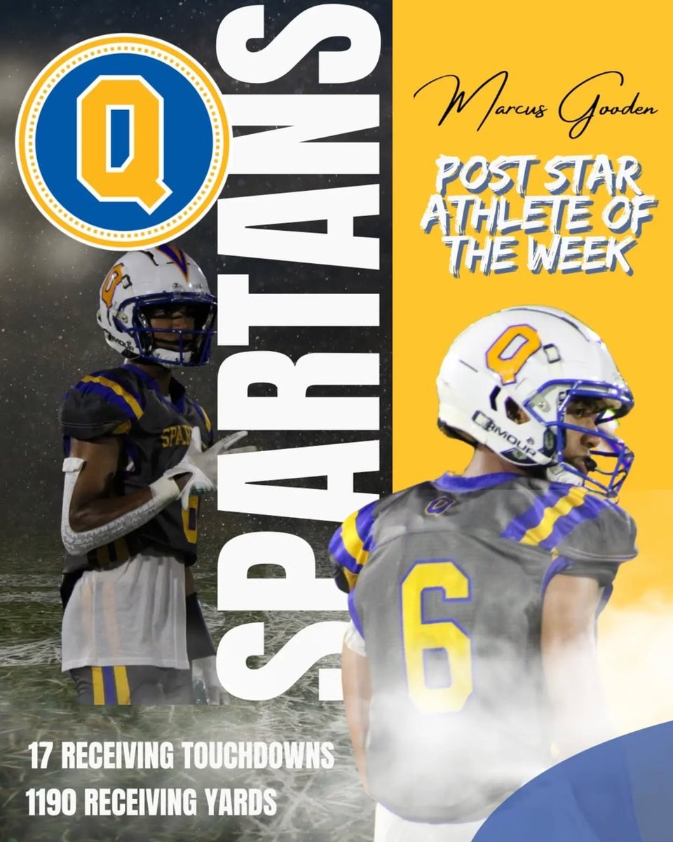 QbyAthletics's tweet photo. 🏈⚔️ POST-STAR ATHLETE OF THE WEEK! 💙💛

Another Spartan making headlines!

Congratulations to Queensbury senior Marcus Gooden II on being named the Post-Star High School Athlete of the Week! 🏆

Marcus continues to put together a historic senior season, rewriting the Queensbury Football record books along the way!

🔥 17 career receiving touchdowns, a Queensbury school record
🔥 1,190 career receiving yards, second in program history
🔥 68 career receptions, second all-time at Queensbury

Beyond the numbers, Marcus continues to make an impact on both sides of the football while representing the Blue & Gold with pride.

Congratulations, Marcus! A well-deserved recognition for your hard work, dedication, and contributions to Spartan Football!

Integrity • Grit • Unity • Purpose

📰 Read the Post-Star feature:
https://t.co/xxRerWEiUy

#QueensburyAthletics #QbyAthletics #QueensburyFootball #PostStar #AthleteOfTheWeek GoSpartans SpartanPride