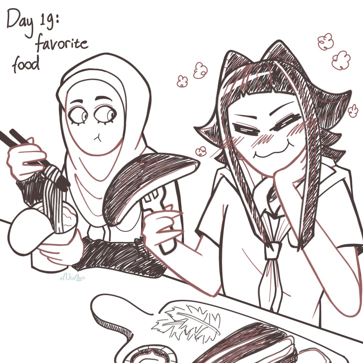 nisartoons's tweet photo. #OC tober day 19: their favorite food 
Thorn's favorite is steak cuz she likes flesh and Dhia's fav is instant noodles cuz she's it's addictive(I can relate) https://t.co/U8qUCWLR3k