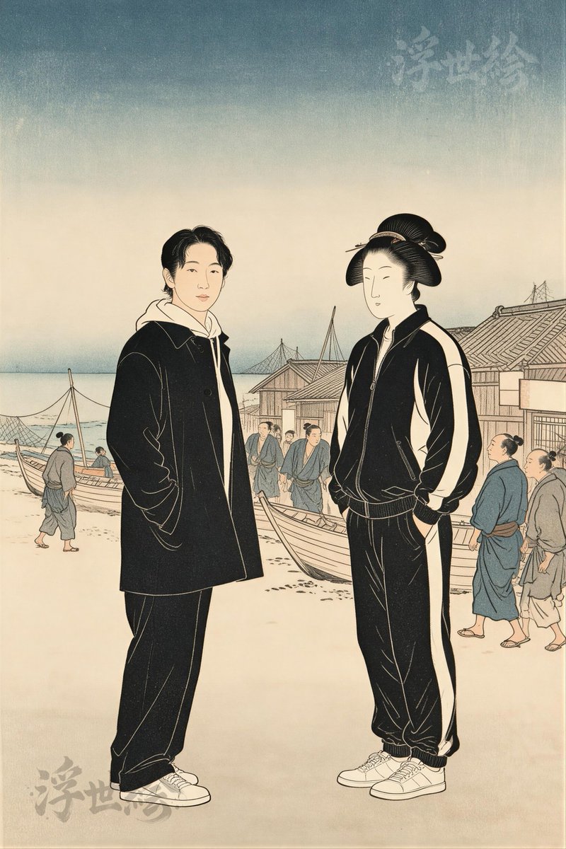 ai_ukiyoe's tweet photo. これぞ、和モダン！浮世絵タッチで描かれた江戸時代の浜辺に、現代のストリートファッションをまとった男女が佇むユニークな一枚。

#ukiyoe #浮世絵 #aiart https://t.co/1vWsIWmDzm