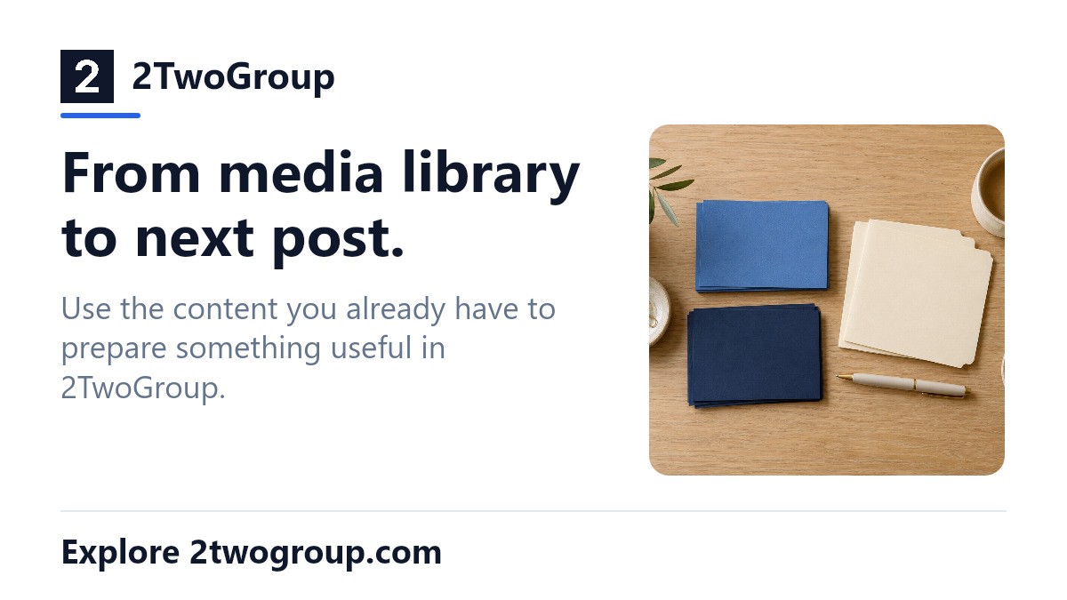2TwoGroup's tweet photo. From media library to next post. Use the content you already have to prepare something useful in 2TwoGroup. Explore https://t.co/OSo0OsH2U1 AI imagery. #2TwoGroup https://t.co/aQfV3otMOI