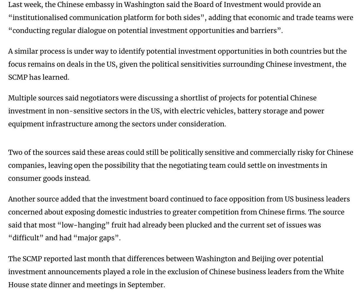 discoplomacy's tweet photo. Citing anonymous briefed sources, South China Morning Post reports US and Chinese negotiators may be closing in on a deal that would see Chinese foreign investment in US market in “electric vehicles, battery storage and power equipment infrastructure.” https://t.co/QnbrVjPl5P