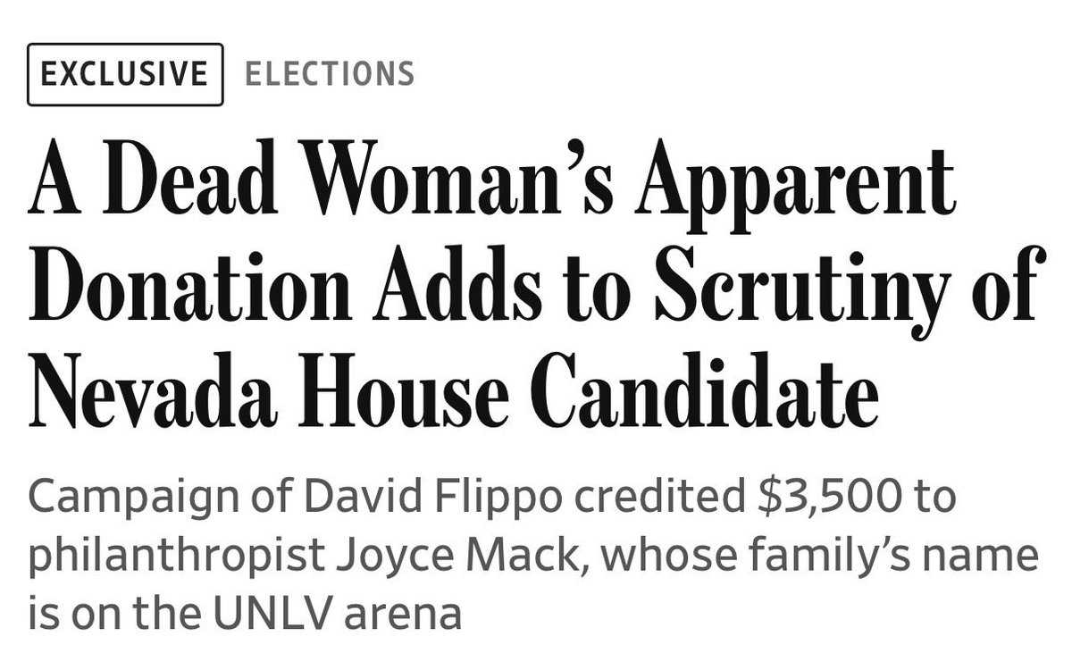 LindsayReilly_'s tweet photo. Republican @DavidFlippoNV reported a maxxed out donation from a prominent Nevadan on his most recent campaign finance report for #NV02

The problem? She died in 2024.

Just the latest scandal to hit Fraudster Flippo’s campaign ⬇️ https://t.co/8M21HGxJKf