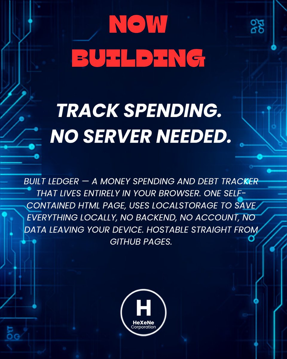 hexenecorporate's tweet photo. New build 💰 Ledger — a spending &amp; debt tracker that's 100% client-side, nothing sent anywhere, just localStorage doing the work. Full code drops Friday — link below 👀 How do you currently track your spending? #buildinpublic #javascript #webdev #personalfinance https://t.co/MNiraNQ48V