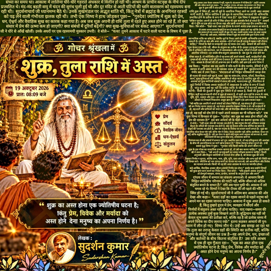 SudershanKumar_'s tweet photo. ✨🕉️ “शुक्र अस्त हो... लेकिन प्रेम और विवेक नहीं!” ✨
#VenusTransit #VenusCombust #VedicAstrology #LibraZodiac #SudershanKumarWrites
Venus Combust 2026
Venus Transit Libra
Vedic Astrology Predictions
Love and Relationship Astrology
Spiritual Wisdom and Balance https://t.co/ATPPj4iVDz