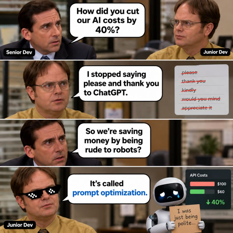 sajidanwar2020's tweet photo. AI cost optimization has officially gone too far. 😂

From "Could you please help me with this?"

To "Do this."

Every token counts when the API bill arrives. 💸

Next sprint: Removing emotions from prompts.

#AI #ChatGPT #PromptEngineering #DeveloperHumor #GenAI https://t.co/T8P9EszE7u
