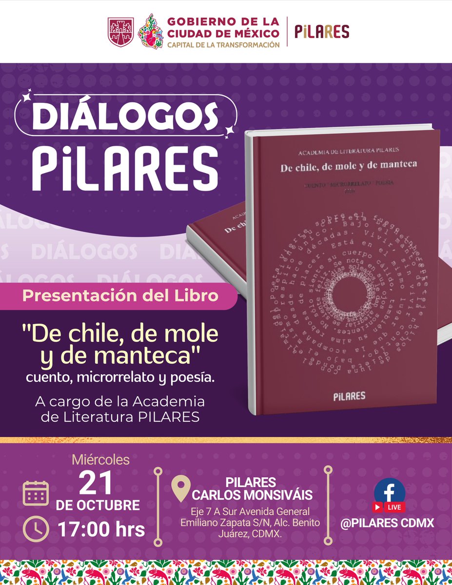 CdmxPilares's tweet photo. 📚🌶️ ¡De chile, de mole y de manteca, las historias de nuestra comunidad llegan a las páginas de un libro!
En una nueva edición de #DiálogosPILARES, la Academia de Literatura #PILARES nos invita a descubrir “De chile, de mole y de manteca: cuento, microrrelato y poesía”, una obra que reúne textos creados por integrantes de la #ComunidadPILARES a partir de lo que escriben y comparten en los talleres de literatura. 📚📖✍🏻
Acompáñanos a celebrar la escritura comunitaria y a conocer las voces que dan vida a esta publicación. 📖
📅 Miércoles 21 de octubre
⏰ 17:00 h
📍#PILARES Carlos Monsiváis
¡#AcércateAPILARES y descubre las historias que nacen en comunidad!📚📖✍🏻