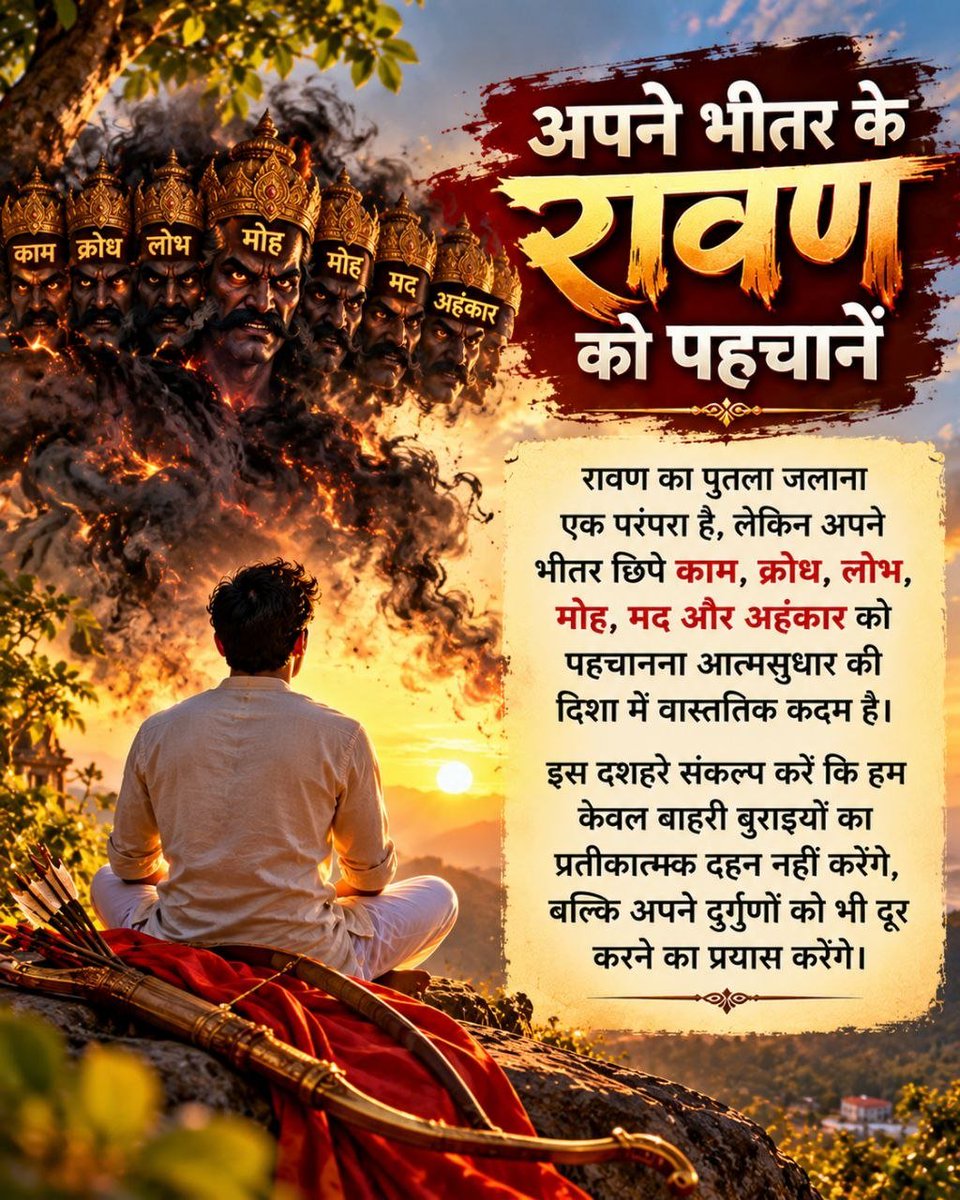 Amitsharma98469's tweet photo. @PraveenDevom @AmdAshram सच्ची विजय वही है, जब मनुष्य नश्वर संसार के मोह से ऊपर उठकर धर्म, भक्ति और आत्मज्ञान की ओर बढ़े। 🙏 विजयादशमी पर आत्मकल्याण का संकल्प ही जीवन की वास्तविक विजय है! 💐🌹
Happy Dussehra
#VijayaDashami https://t.co/6H06YqKlRa