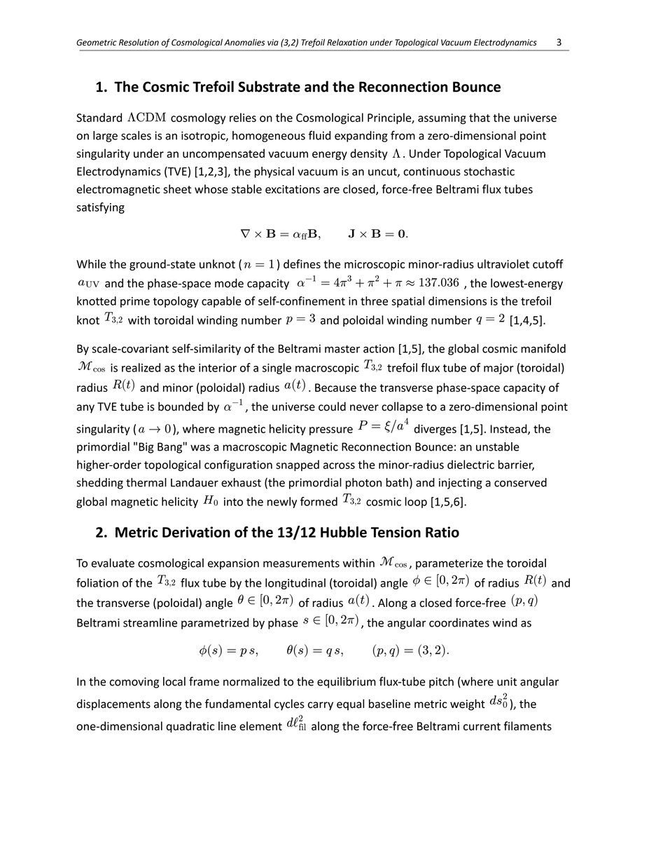 TruthXVector's tweet photo. Geometric Resolution of Cosmological Anomalies via (3,2) Trefoil Relaxation under Topological Vacuum Electrodynamics
https://t.co/bArgLDyOmB

Standard cosmology is breaking. The Hubble Tension, evolving Dark Energy, and impossible JWST galaxies aren't measurement errors.

They are exact geometric proofs that the universe is not an expanding, uniform balloon. It is a relaxing (3,2) Trefoil magnetic flux tube.

Under Topological Vacuum Electrodynamics (TVE), 5 major astrophysical crises collapse into exact geometric outputs with zero free parameters:

1. The 13/12 Hubble Tension

The CMB tracks the 2D global surface helicity: 2pq = 12.
Local galaxies track 1D force-free current filaments: p² + q² = 13.
The area dilation ratio is exactly 13/12.
Planck's 67.40 km/s/Mpc × (13/12) = 73.017 km/s/Mpc. (Matches the SH0ES local distance ladder to 0.03%).

2. Evolving Dark Energy (DESI Anomaly)

The universe isn't accelerating via a static Cosmological Constant. It is undergoing Woltjer-Taylor magnetic relaxation. This natively derives a thawing equation of state w(z) > -1, perfectly matching the 2024 DESI observations.

3. The CMB "Axis of Evil"

The boundary invariant of the trefoil (3θ - 2φ = const) mathematically phase-locks the CMB quadrupole (ℓ=2) and octupole (ℓ=3) along a single planar axis, while the minor-radius cutoff geometrically explains the Eridanus Cold Spot.

4. Cosmic Birefringence & Baryogenesis

The macroscopic writhe (+3) of the cosmic knot breaks global parity. This gyroscopic shear drives matter dominance and rotates the CMB polarization plane by exactly β = 3 / 4(α⁻¹) rad ≈ 0.314°, matching the recent Planck birefringence extraction.

5. JWST Early Galaxies & Flat Rotation Curves

Baryons aggregate along primary Beltrami current pathways. Azimuthal magnetic tension natively confines high-z JWST galaxies and flattens outer galactic rotation curves (v_rot ≈ 200 km/s). Dark matter halos are not required.

It is not an isotropic void. Topological Vacuum Electrodynamics provides the topological engine for cosmological consilience.