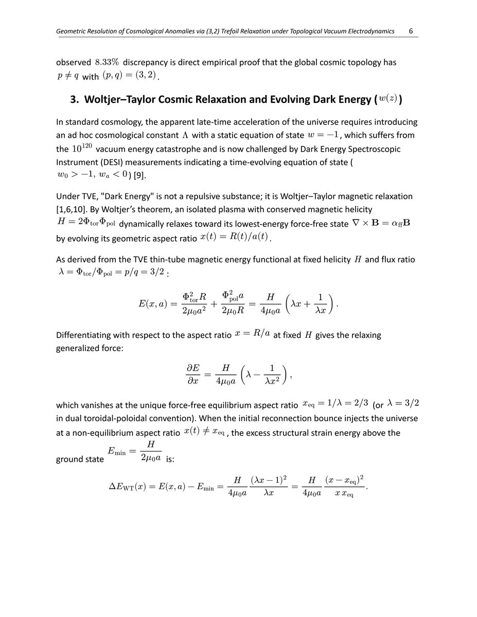 TruthXVector's tweet photo. Geometric Resolution of Cosmological Anomalies via (3,2) Trefoil Relaxation under Topological Vacuum Electrodynamics
https://t.co/bArgLDyOmB

Standard cosmology is breaking. The Hubble Tension, evolving Dark Energy, and impossible JWST galaxies aren't measurement errors.

They are exact geometric proofs that the universe is not an expanding, uniform balloon. It is a relaxing (3,2) Trefoil magnetic flux tube.

Under Topological Vacuum Electrodynamics (TVE), 5 major astrophysical crises collapse into exact geometric outputs with zero free parameters:

1. The 13/12 Hubble Tension

The CMB tracks the 2D global surface helicity: 2pq = 12.
Local galaxies track 1D force-free current filaments: p² + q² = 13.
The area dilation ratio is exactly 13/12.
Planck's 67.40 km/s/Mpc × (13/12) = 73.017 km/s/Mpc. (Matches the SH0ES local distance ladder to 0.03%).

2. Evolving Dark Energy (DESI Anomaly)

The universe isn't accelerating via a static Cosmological Constant. It is undergoing Woltjer-Taylor magnetic relaxation. This natively derives a thawing equation of state w(z) > -1, perfectly matching the 2024 DESI observations.

3. The CMB "Axis of Evil"

The boundary invariant of the trefoil (3θ - 2φ = const) mathematically phase-locks the CMB quadrupole (ℓ=2) and octupole (ℓ=3) along a single planar axis, while the minor-radius cutoff geometrically explains the Eridanus Cold Spot.

4. Cosmic Birefringence & Baryogenesis

The macroscopic writhe (+3) of the cosmic knot breaks global parity. This gyroscopic shear drives matter dominance and rotates the CMB polarization plane by exactly β = 3 / 4(α⁻¹) rad ≈ 0.314°, matching the recent Planck birefringence extraction.

5. JWST Early Galaxies & Flat Rotation Curves

Baryons aggregate along primary Beltrami current pathways. Azimuthal magnetic tension natively confines high-z JWST galaxies and flattens outer galactic rotation curves (v_rot ≈ 200 km/s). Dark matter halos are not required.

It is not an isotropic void. Topological Vacuum Electrodynamics provides the topological engine for cosmological consilience.
