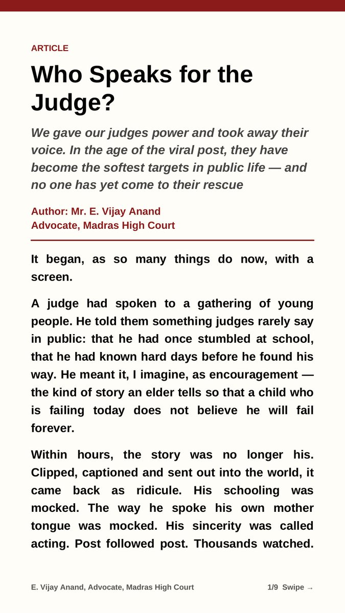 VIJAYANAND_ADV's tweet photo. Judges cannot answer back.
When a public figure is mocked online, a minister can hold a press meet, an actor can reply. A judge must sit in silence.
Who speaks for the judge? My article, with a 5-point solution
#Judiciary #RuleOfLaw #JudicialIndependence #supremecourt
#highcourt https://t.co/BX6u7qroX2