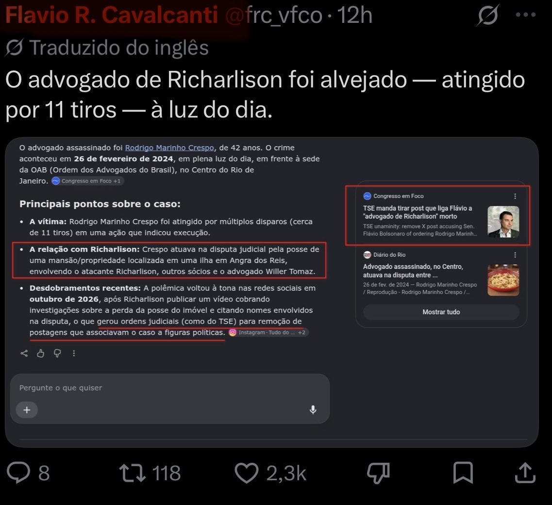 plocsocial's tweet photo. O CARA É PIOR DO QUE A GENTE PENSAVA!!!

Tá rolando um papo que Flávio Bolsonaro teria mandado matar advogado de Richarlison com 11 tiros no Rio, o mesmo que abriu o inquérito para retomar a ilha que Flávio roubou com seu advogado.

Espalhem!!!!

#ExercitoDoLula #AbreOSigiloFlavio 
#ExplicaAMansaoFlavio