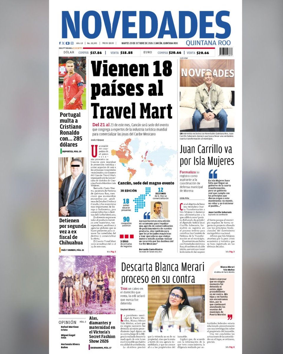 novedadesqroo's tweet photo. ¡Buenos días! Hoy, en Novedades:

▶️ Vienen 18 países al Travel Mart
▶️ Juan Carrillo va por Isla Mujeres
▶️ Descarta Blanca Merari proceso en su contra
👉 https://t.co/wukF2FXRiQ https://t.co/tyvTNpxlkV
