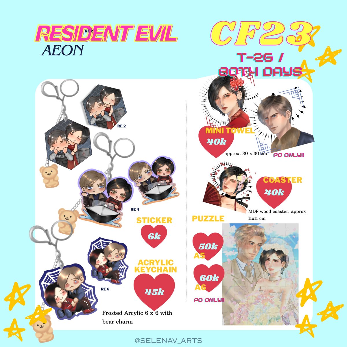 selenav_arts's tweet photo. [❤️ &amp; 🔃 would be much appreciated]

Hello, selenav's CF23 PO has officially open!!
PO period : 20 okt - 25 okt 2026
Booth : D'Empire no. T-26
Fandom : Resident Evil (Aeon and Valenfield centered), LADS

FORM LINK ⬇️
#cf23 #cf23catalogue #comifuro23 #ResidentEvilㅤ #aeon https://t.co/Y4dXIYwG8I