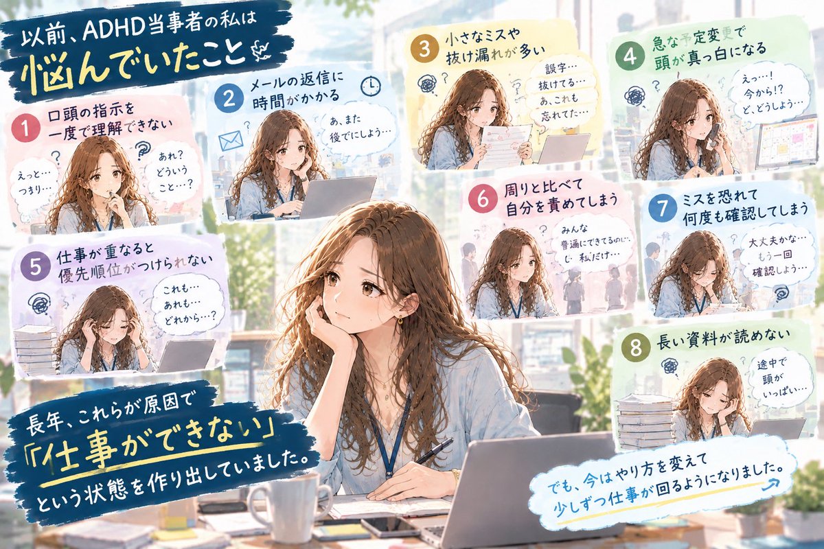 ADHD_REILA's tweet photo. ADHD女性の私は「生理前」と「仕事の締め切り」が重なると、思っている以上にテンパりやすい。

普段の時と比べて心配性になったり、焦りから余計にミスや抜け漏れが起きたりして散々な時も。

(…どうしよう×1000回の不安が延々とくる感覚)

「あ、いつもの悪い波がきたな…！」と思った時は、あえて立ち上がって仕事に一呼吸置いたり、

少し時間に余裕がある時は、お風呂に入って気持ちと身体を整えたりするのも、意外と良かった。