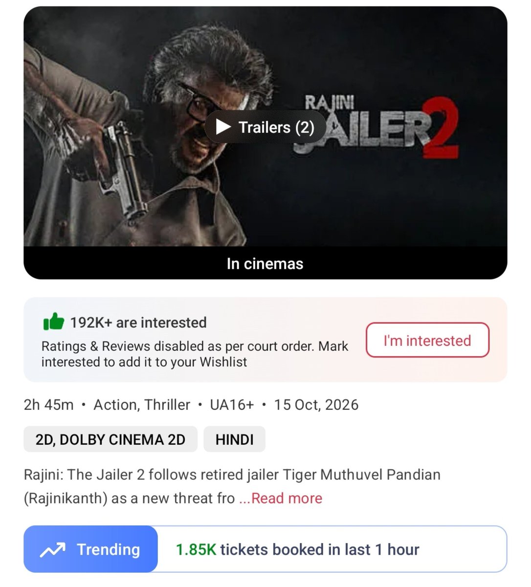 filmy_view's tweet photo. #Jailer2 🧨
8-9am    
Tickets sold on BMS- 27090
Yesterday- 25390 

Total from 6am- 44780
Yest- 39490 https://t.co/bXVDJkT437