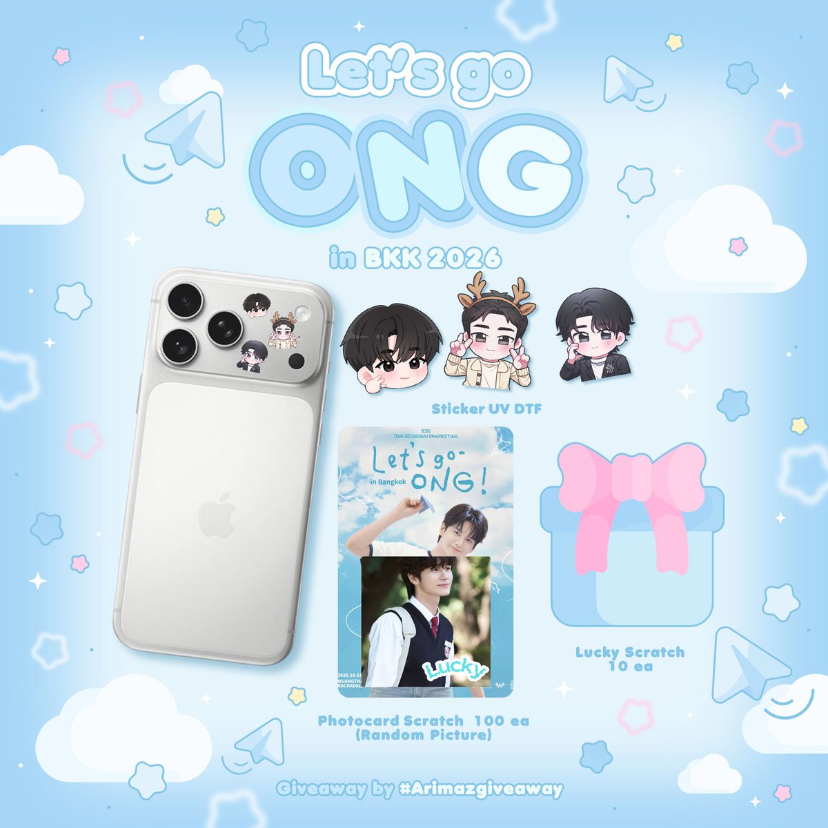 Arimaz_KDNxOSW's tweet photo. ✨️ Giveaway ✨️
#LetsgoONG_in_Bangkok

🎉 Pls RP 🎉
💙 Random Scratch Photocard 
100 EA
🍀 Lucky Gift 10 EA
💗 Sticker UV DTF 

✨️ 31 Oct 2026
✨️ TIME : TBA
✨️Location : Muangthai Rachadalai Theatre

Fan Art : #sundecreview
Preview : #gotndesign

Giveaway by #Arimazgiveaway