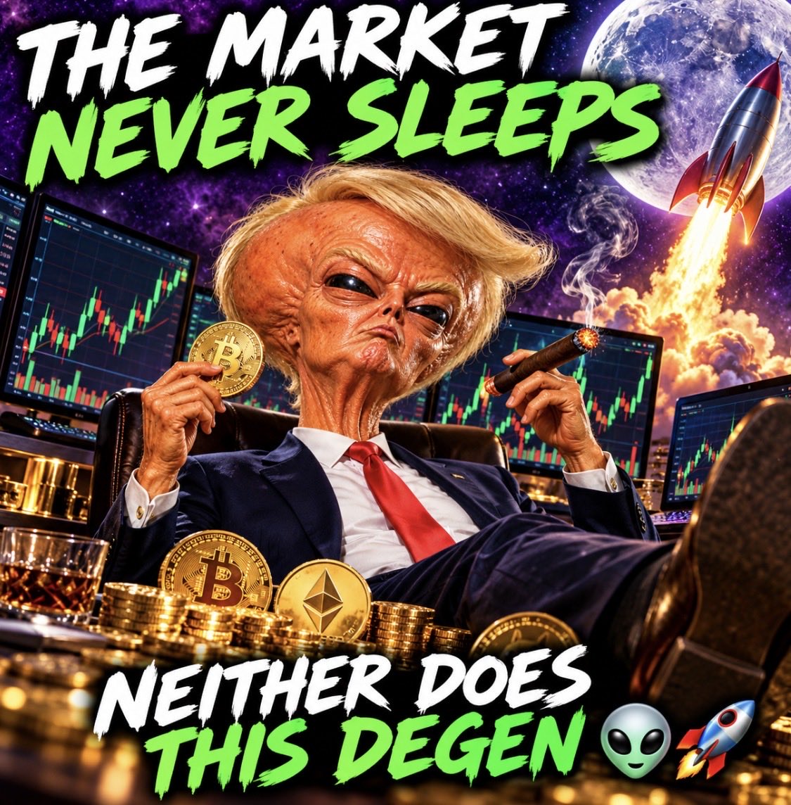 AlienTrumppump's tweet photo. THE MARKET NEVER SLEEPS. NEITHER DOES THIS DEGEN. 👽💎

📉 Portfolio down? Character development.
📈 One green candle? GENERATIONAL WEALTH.
🚀 Still holding? ABSOLUTELY UNHINGED.

We’re not leaving the galaxy without a story. 🛸

Who’s still in the trenches? 👇

#MemeCoins #CryptoMemes #Solana #AlienTrumpp