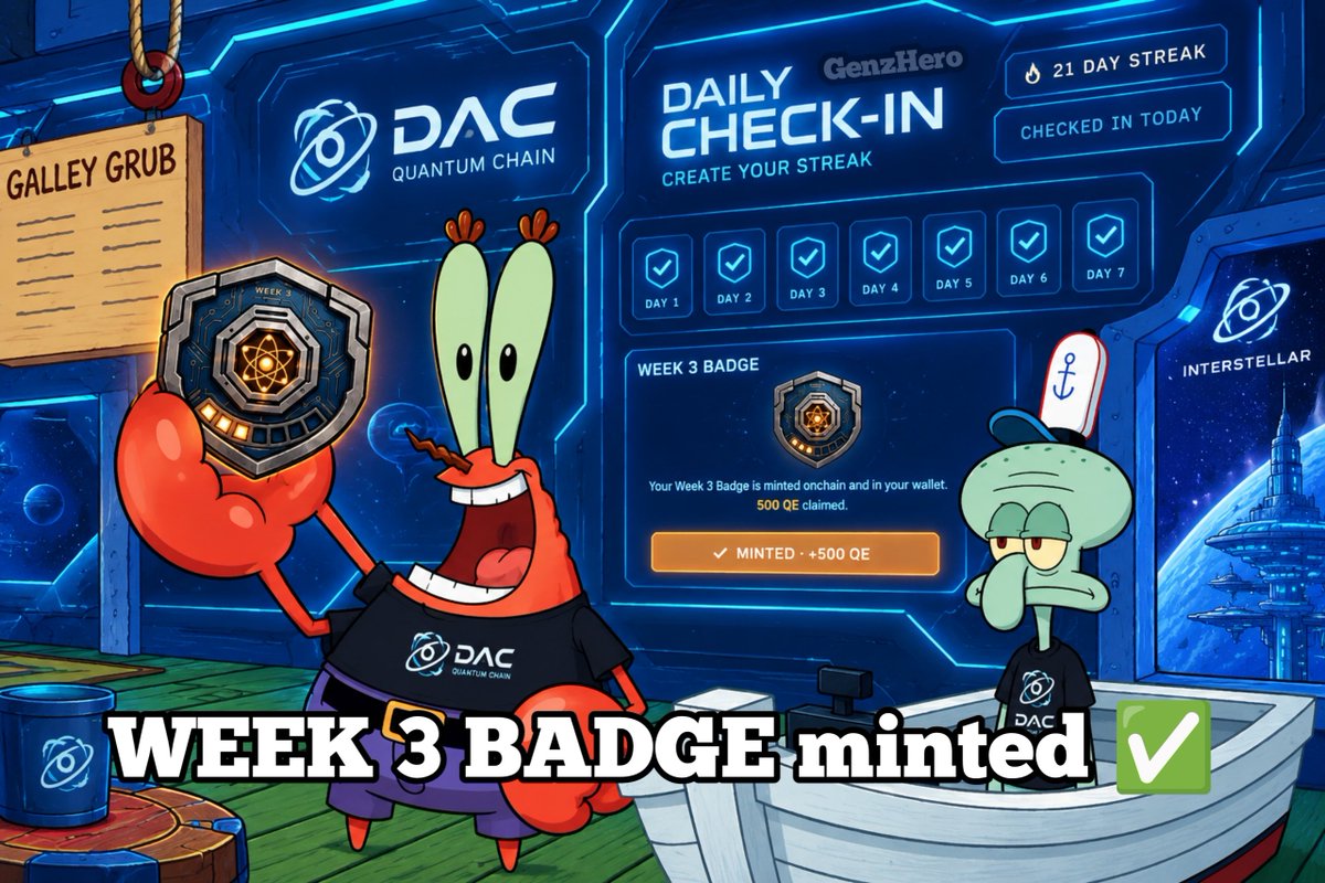 Genzhero1's tweet photo. 🗓️ Day 21

The #DAC journey keeps getting better! 🚀

My 21-day check-in streak is going strong, and the Week 3 Badge is officially minted ✓

Consistency today, a stronger blockchain future tomorrow.

Who’s keeping their streak alive? 👀

Let’s keep building with @dac_chain https://t.co/iVaYQvtQoh