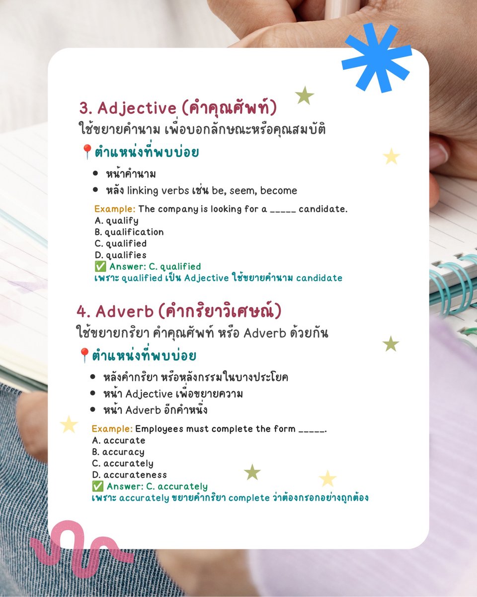 Cocolearn_x's tweet photo. 📚 Parts of Speech
รู้จักชนิดของคำ ตัวช่วยสำคัญในการทำข้อสอบ TOEIC 💡
📝 Noun — คำนาม
⚡ Verb — คำกริยา
💙 Adjective — คำคุณศัพท์
✨ Adverb — คำกริยาวิเศษณ์
📚 ฝึกฝนบ่อย ๆ เพิ่มความคุ้นเคยกับข้อสอบ TOEIC
ฝึก mock exam
📍https://t.co/vnmYkAZi9A
#TOEIC #ติวสอบtoeic #สอบภาษาอังกฤษ https://t.co/WcHOqMGUrk