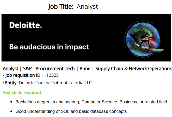 fjafreshers's tweet photo. 🚨 Deloitte #HiringFreshers

��� Analyst
🎓 Bachelor's Degree in Engineering, CS
👶 Freshers (0–2 Years)
💻 Skills: SQL &amp; Basic Database Concepts

🔗 Apply Now: https://t.co/uYNPLz05KH

👉 Follow for daily fresher &amp; MNC jobs
#DeloitteJobs #FreshersJobs #AnalystJobs #SQLJobs #ITJob https://t.co/zqsa47IHFh