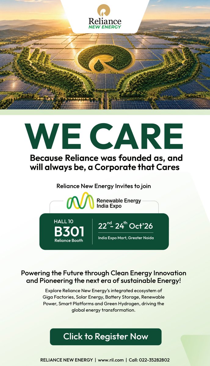 RIL_Updates's tweet photo. Join us to experience how Reliance New Energy is Powering India's New Energy Future through clean energy innovation and pioneering the next era of sustainable energy. 

Discover transformative advancements across Solar, Battery Storage, Green Hydrogen, RE Power, Smart Products & Platforms and Integrated Giga Factory, all guided by a common purpose '' We Care'' - a commitment to create lasting value for people and the planet.

https://t.co/mt6TrQJkY4