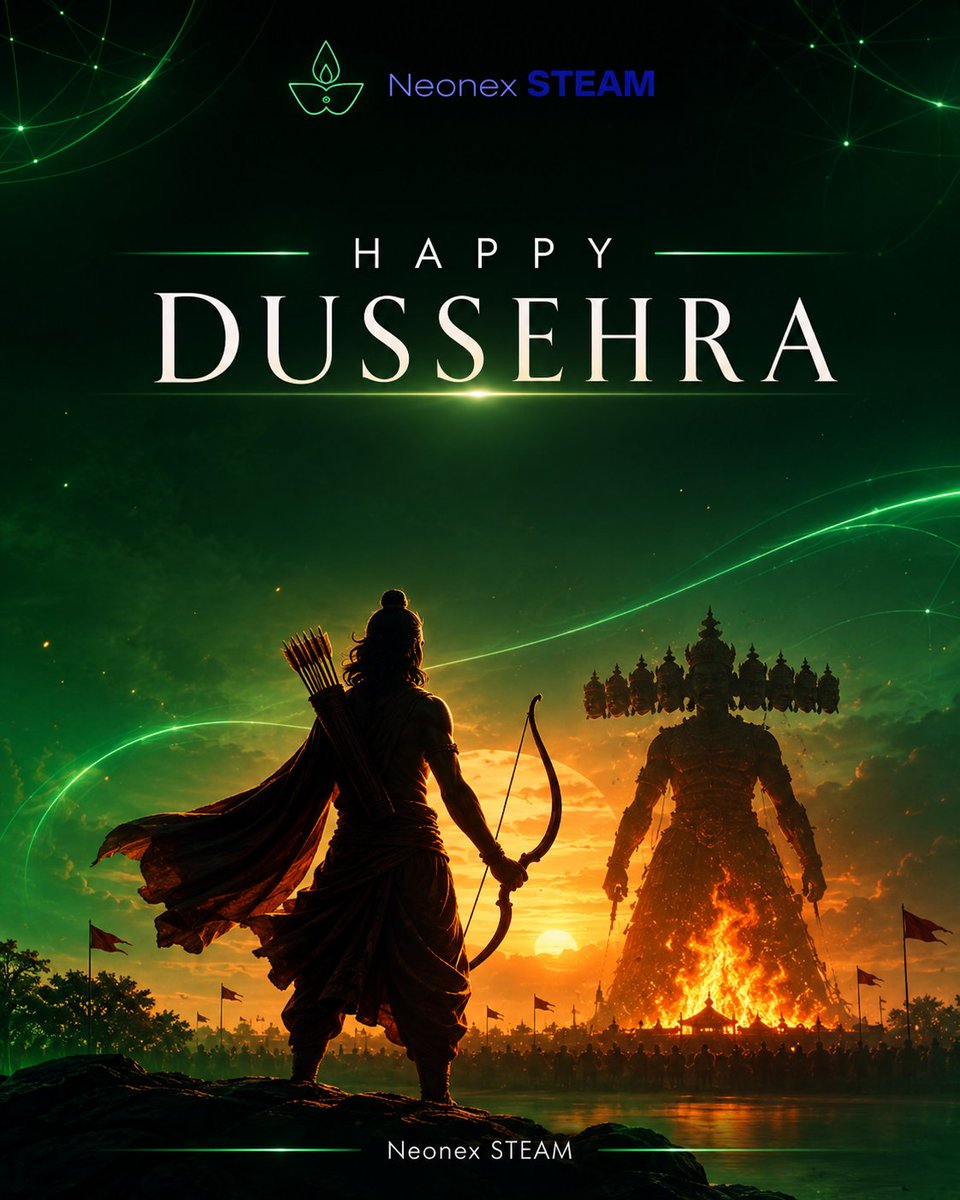 NeonexSTEAM_'s tweet photo. 🏹 This Dussehra, let’s celebrate the victory of good over evil and light over darkness. ✨

May innovation and positivity lead us towards a brighter future.

Happy Dussehra from Neonex STEAM💚

#HappyDussehra #NeonexSTEAM #Vijayadashami https://t.co/RXhEVIqBBs