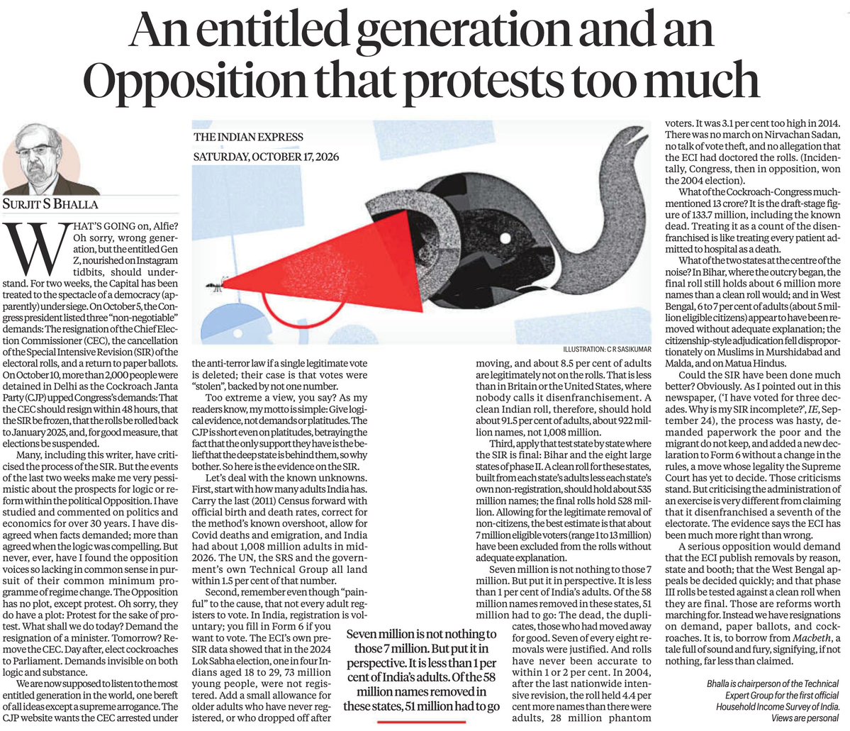 beastoftraal's tweet photo. Surjit S. Bhalla argues that most SIR deletions are legitimate, dismissing claims of mass voter disenfranchisement. But his claim that 51 million deletions were justified rests on demographic estimates, not an individual-level audit.

Jean Drèze and Yogendra Yadav expose the flaw in Bhalla's argument - comparing projected adult populations with final electoral rolls reveals a shortfall of 7 crore voters across nine states. Bhalla’s statistical assumptions cannot establish that these voters were ineligible. The absence of proof of wrongful deletion is not proof that disenfranchisement did not occur.
