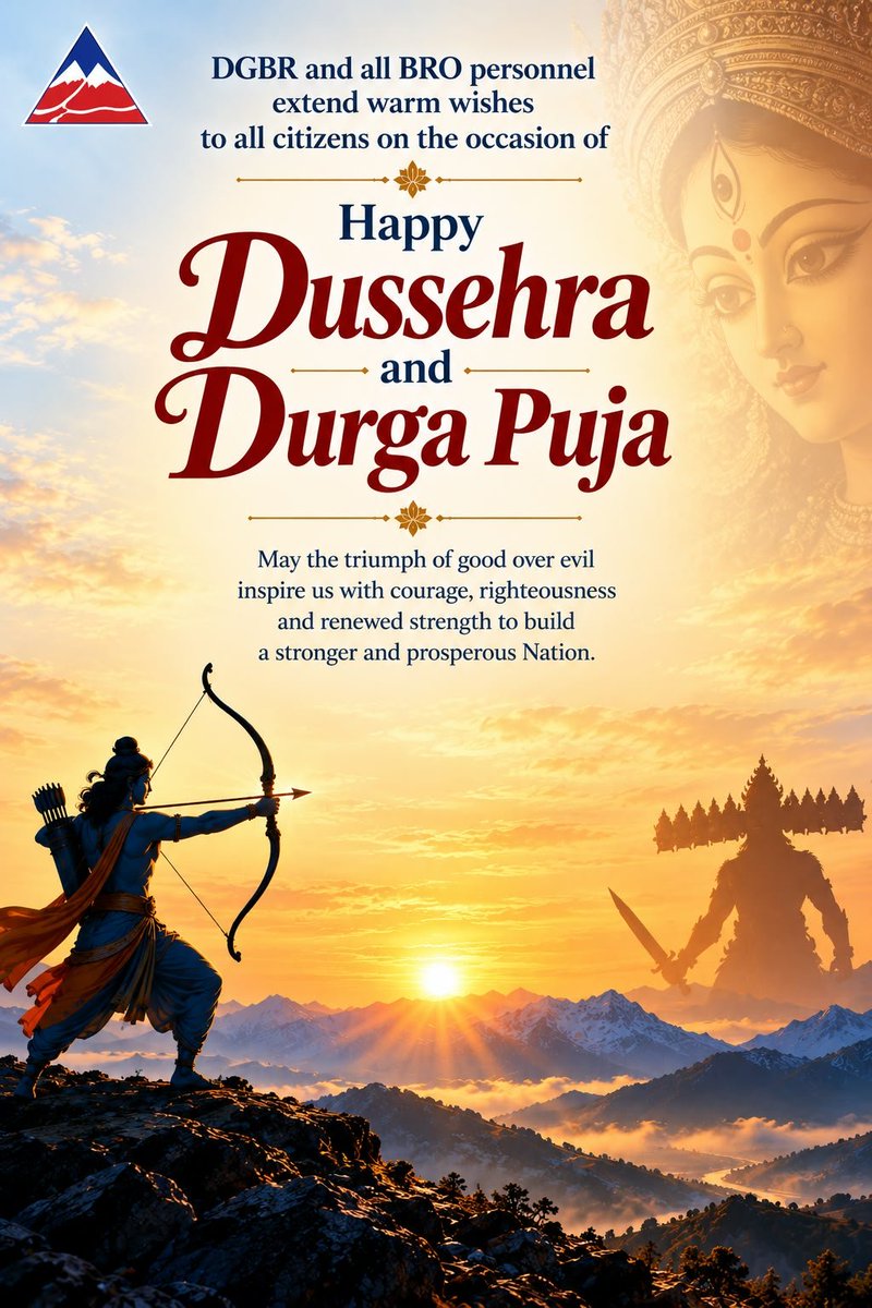 BROindia's tweet photo. #Dussehra #DurgaPuja #BROIndia

Wishing everyone a Happy Dussehra and Durga Puja! 🇮🇳

JAI HIND
@rashtrapatibhvn 
@rajnathsingh 
@SethSanjayMP 
@adgpi 
@ANI 
@SpokespersonMoD 
@ians_india 
@PIB_India https://t.co/nsvoUKHWI1