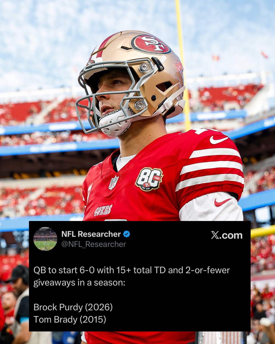 OurSf49ers's tweet photo. Brock Purdy doing what ONLY Tom Brady did in the NFL 👀 https://t.co/heCi49dAci