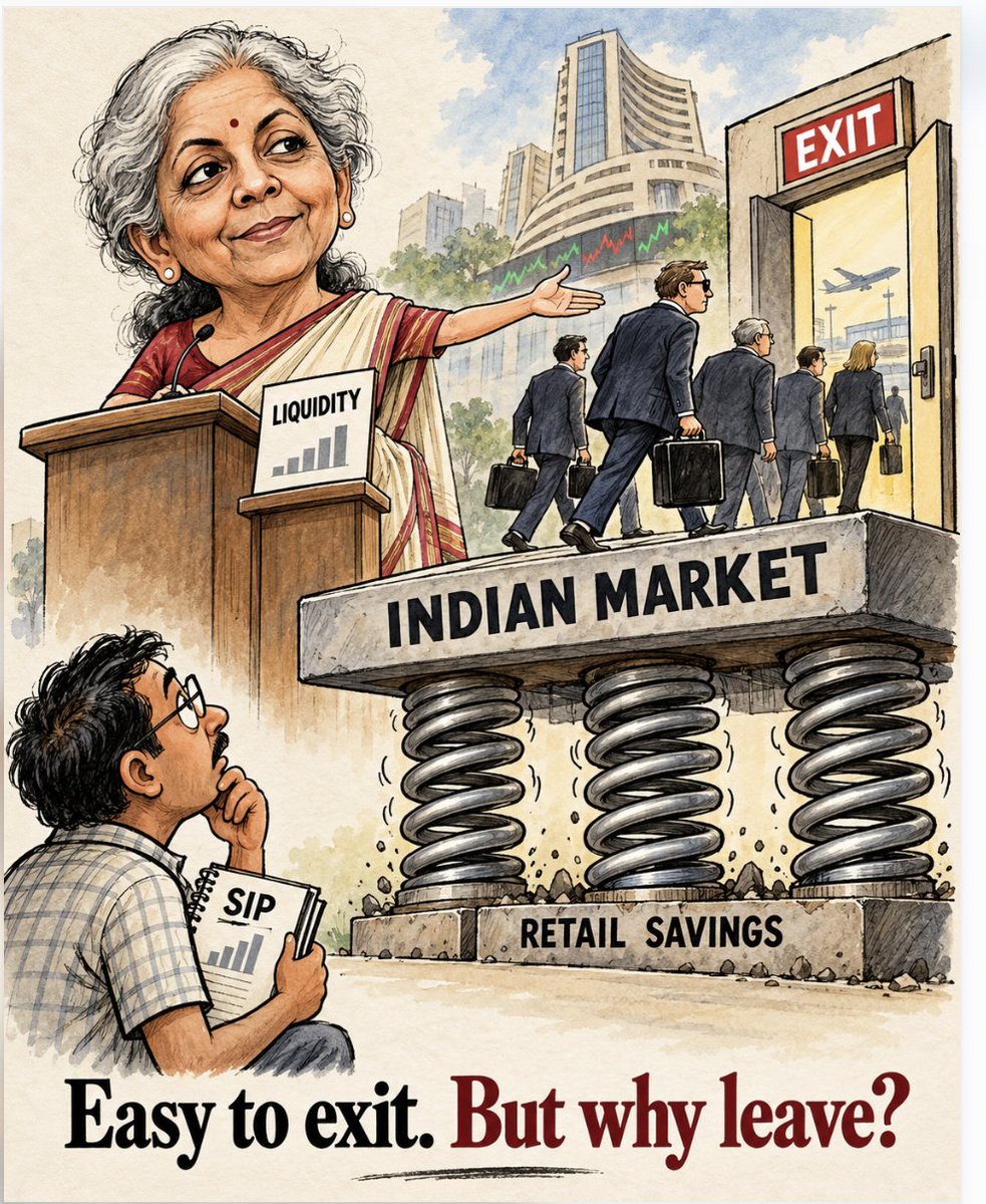 Swapnja_Sharmaa's tweet photo. In 2022, retail investors were praised as “shock absorbers.” Today, easy FII exits are explained through liquidity.

Madam, liquidity explains HOW investors can leave. The harder question is WHY they want to.

Higher taxes, expensive valuations, and weak after-tax returns demand answers and not vague reassurance. Taxes alone cannot explain every exit. But pointing to liquidity sidesteps the harder question: 
"what makes staying invested in India less attractive than leaving?"

Domestic investors can cushion foreign selling. That does not make foreign capital irrelevant or Indian savings an endless cushion.

How long will we applaud the strength of the shock absorbers before questioning the conditions that keep testing them?