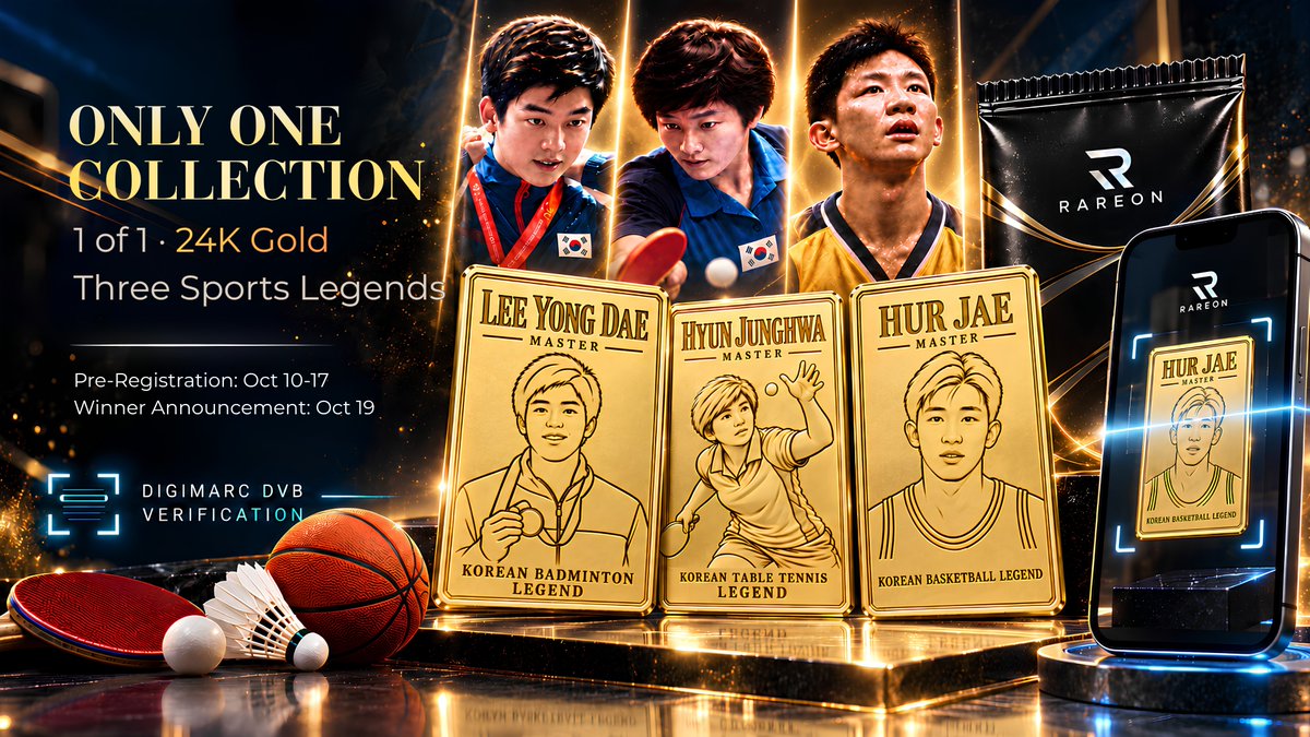 PUNKVISM's tweet photo. 🏆 [National Sports Legends 'ONLY ONE' Pre-Registration Guide] 🏅✨🔱

Pre-registration is open for the ultra-exclusive 1 Of 1 TCG Collection featuring Korean sports icons Heo Jae, Hyun Jung-hwa, and Lee Yong-dae! 🔥

━━━━━━━━━━━━━━━━━━
🎁 ONLY ONE Package (1 per Legend / Total 3)
∙ 24K Gold (18.75g) 1 Of 1 MASTER CARD
∙ Autographed Uniform & Game-used Equipment (Rackets)
∙ 1:1 In-Person Handover Ceremony & Photo Session with the Legend
∙ Advanced Digimarc DVB Watermark Verification

🗓️ Schedule & Timeline
∙ Pre-Registration: Oct 10 (Sat) – Oct 17 (Sat)
∙ Winner Announcement: Oct 19 (Mon)
∙ Payment Period: Oct 20 (Tue) – Oct 22 (Thu)
━━━━━━━━━━━━━━━━━━

Don't miss this once-in-a-lifetime opportunity to own a piece of living sports history! 🚀

BE THE PUNKYVISTS 🏴‍☠️
#PUNKVISM #RareOn #HeoJae #HyunJunghwa #LeeYongdae #ONLYONE #TCG #rwa