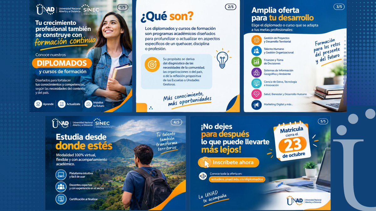 ElOIRdelaRegion's tweet photo. #SINEC Sistema Nacional de Educación Continua y Proyección Social🚀 ¡Impulsa tu futuro profesional con la VIDER_UNAD! 🎓🧡💙 Actualiza tus conocimientos y fortalece tus competencias con los diplomados y cursos de formación del SINEC.
⏰ ¡Matrículas hasta el 23 de octubre!
🔗 https://t.co/21HgdGUrLS
¡Tu crecimiento comienza hoy! #UNAD #SINEC #EducaciónContinua