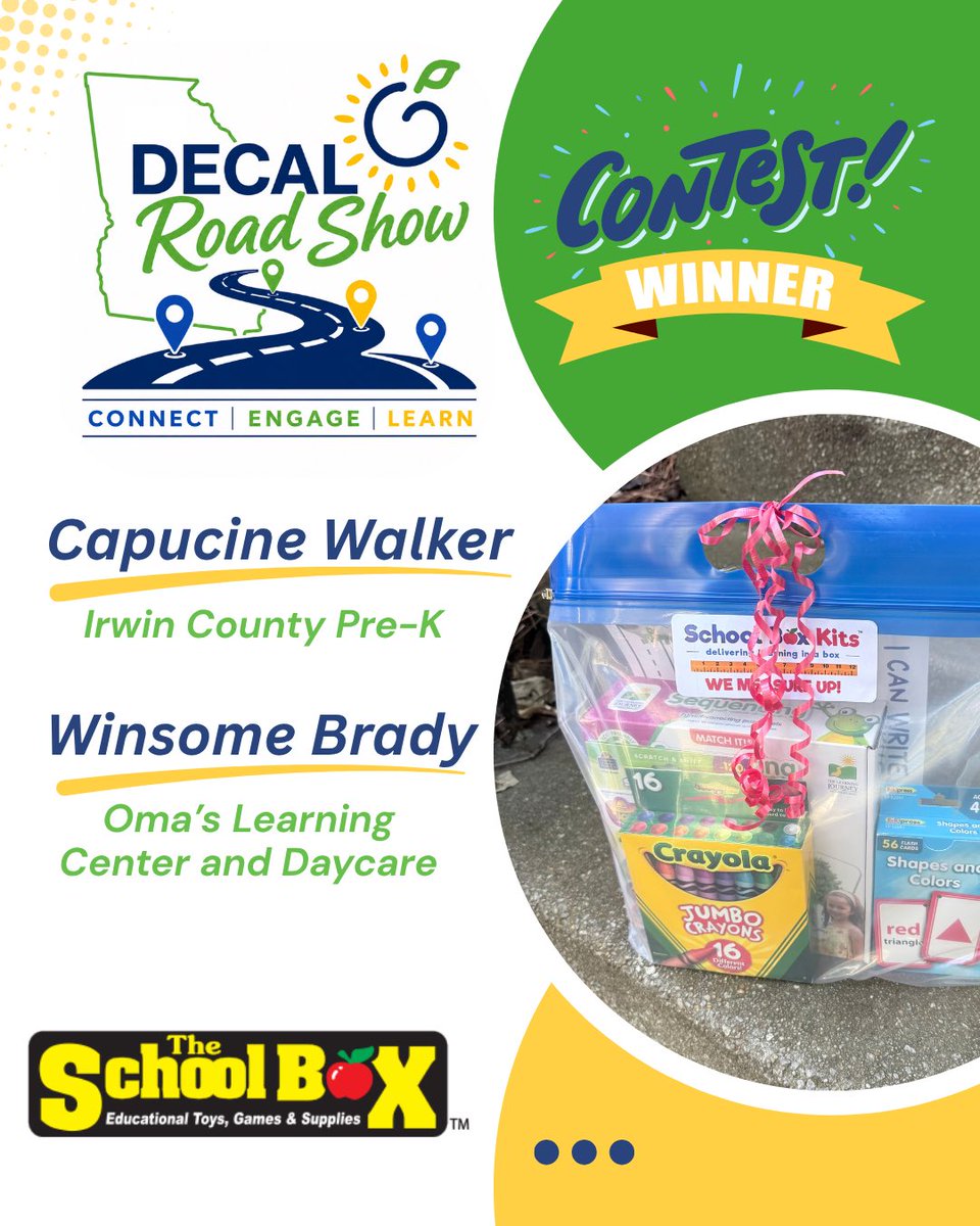 CommJacobs's tweet photo. 🎉 Congratulations to our first two winners in the DECAL Roadshow Prize Drawings from The School Box! 🎁 We’re excited to connect, learn, and grow with child care owners and directors across Georgia. Thanks for being part of the Roadshow! 💙 #DECALRoadshow https://t.co/qwX8Bsj2TX