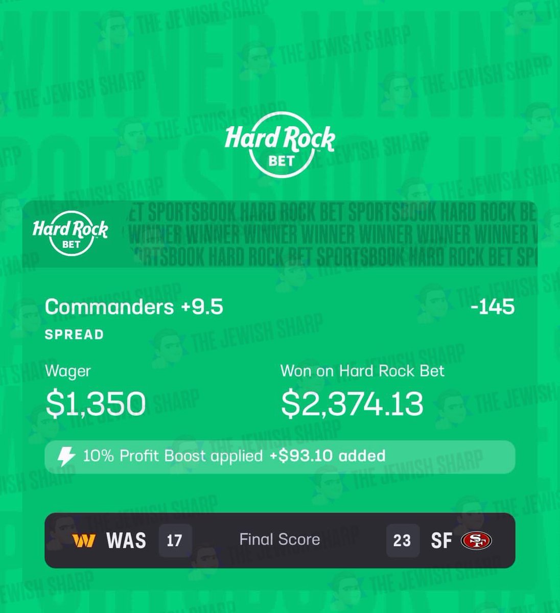 JewishSharp's tweet photo. CASH IT! ANOTHER PRIMETIME WINNER!!💰✅ 

IS ANYONE EVEN SURPRISED AT THIS POINT?!!

WE CAN’T MISS!!! 🔥

#GamblingTwitter #NFL #MNF #WASvsSF https://t.co/HmJhcf4fAE
