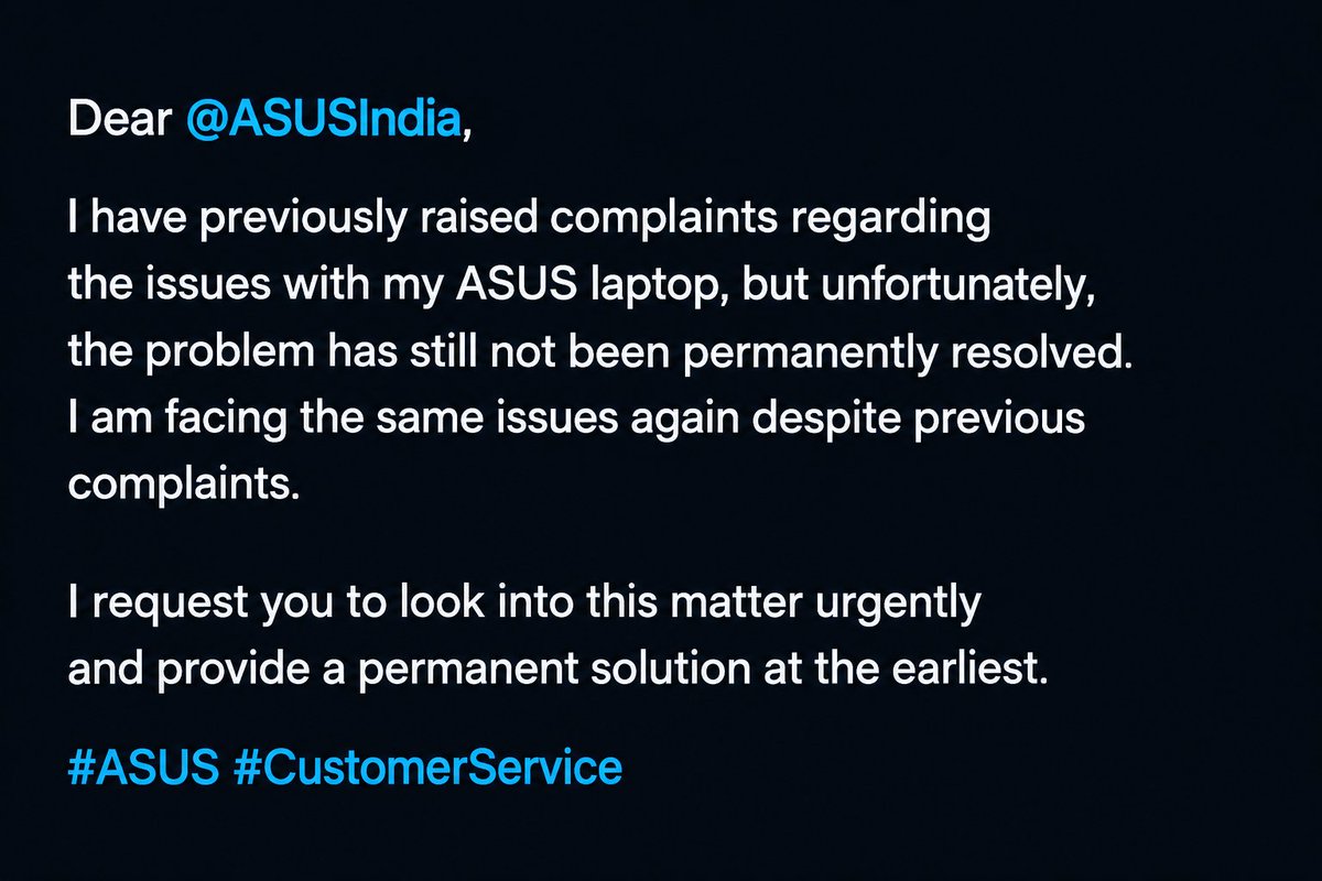 Prem_jeet__'s tweet photo. @ASUSIndia , I have previously raised complaints regarding the issues with my ASUS laptop, but unfortunately, the problem has still not been permanently resolved. I am facing the same issues again despite previous complaints.#ASUS #CustomerService https://t.co/jzyEayRB14