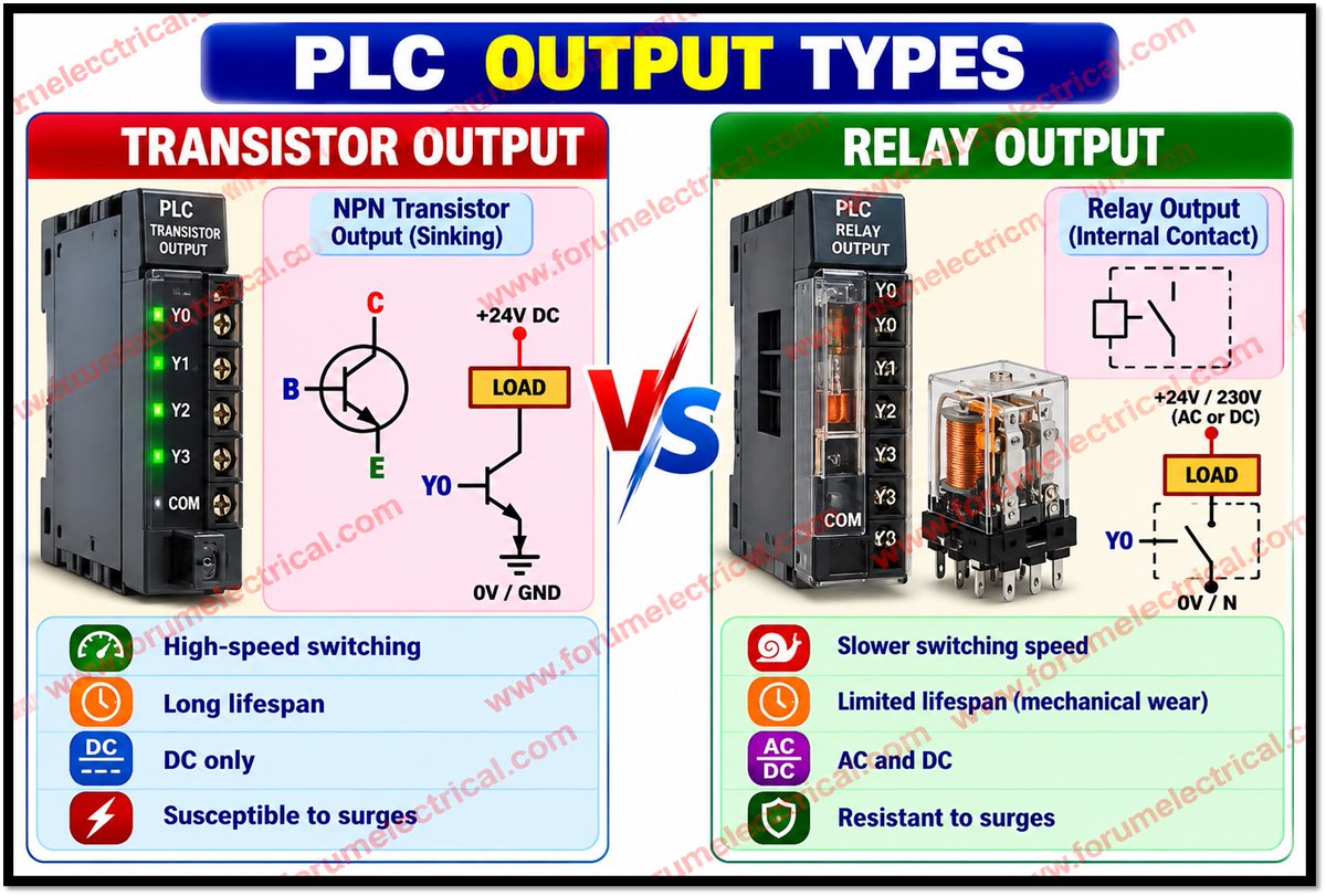 Rabert_infohe's tweet photo. PLC Output Types: Transistor vs. Relay https://t.co/LxmWUOp2z9

#PLC #PLCOutputs #TransistorOutput #RelayOutput #IndustrialAutomation #Automation #IndustrialControl #ElectricalEngineering #ControlSystems #PLCProgramming #ElectricalMaintenance 
https://t.co/LxmWUOp2z9 https://t.co/A1VXiUdjyp