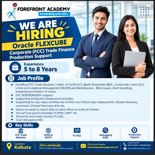 forefrontacdemy's tweet photo. We Are Hiring! Oracle FLEXCUBE Trade Finance Professionals – Kolkata

📢 Exciting Career Opportunity at Forefront Academy!

#WeAreHiring #hiringalert #OracleFLEXCUBE #TradeFinance #productionsupport #PLSQL #Swifties #SFMS #itjobsearch #BankingJobs #kolkatajobseekers #jobopening https://t.co/En1tBpM6WQ